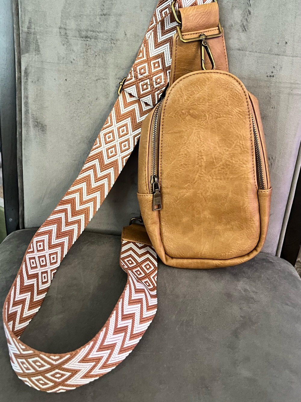 Pink Lily x Amber Massey Vegan Leather Sling Crossbody Bag - Camel - Like New